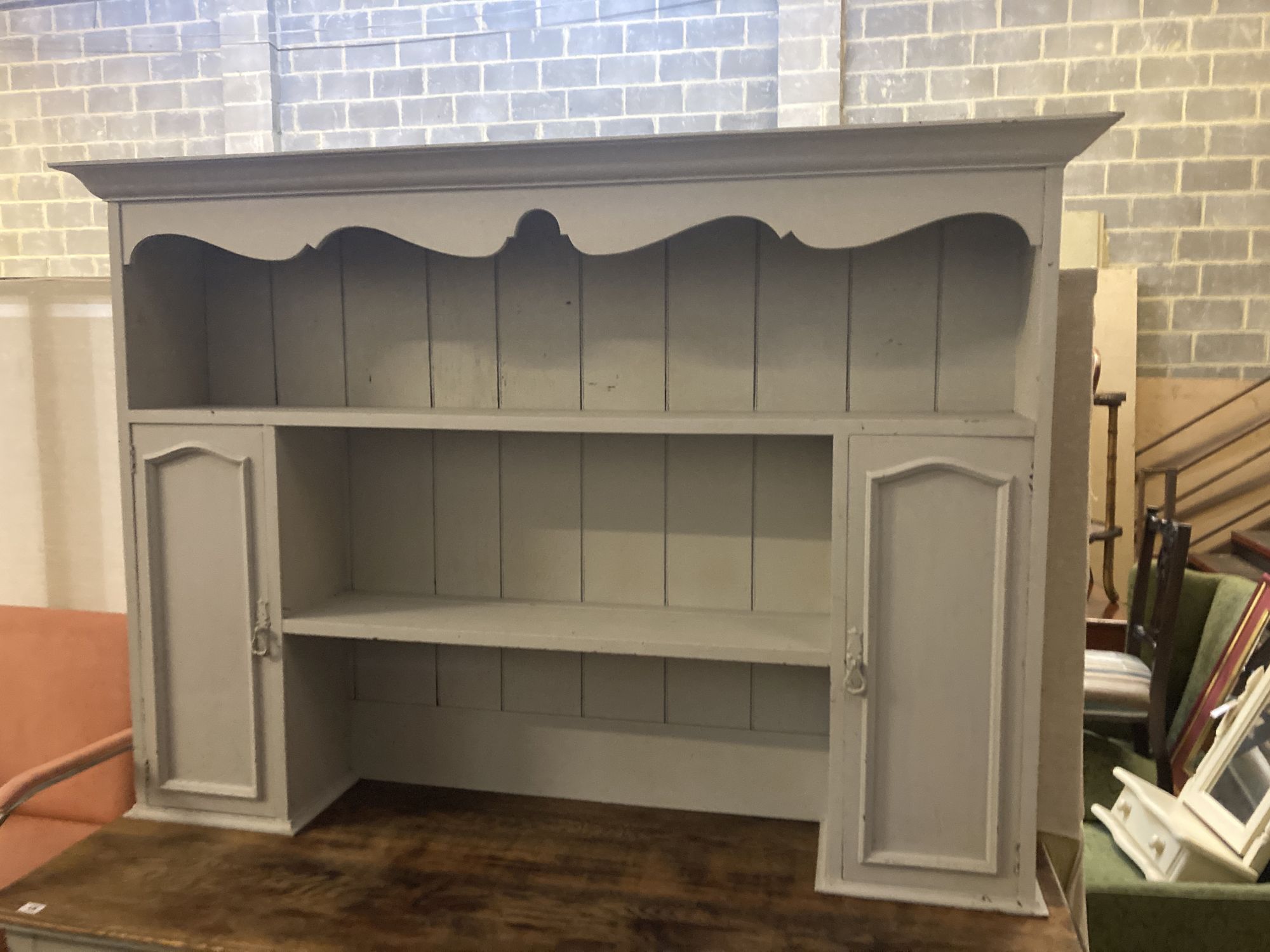 An early 20th century painted oak dresser, width 152cm depth 56cm height 197cm